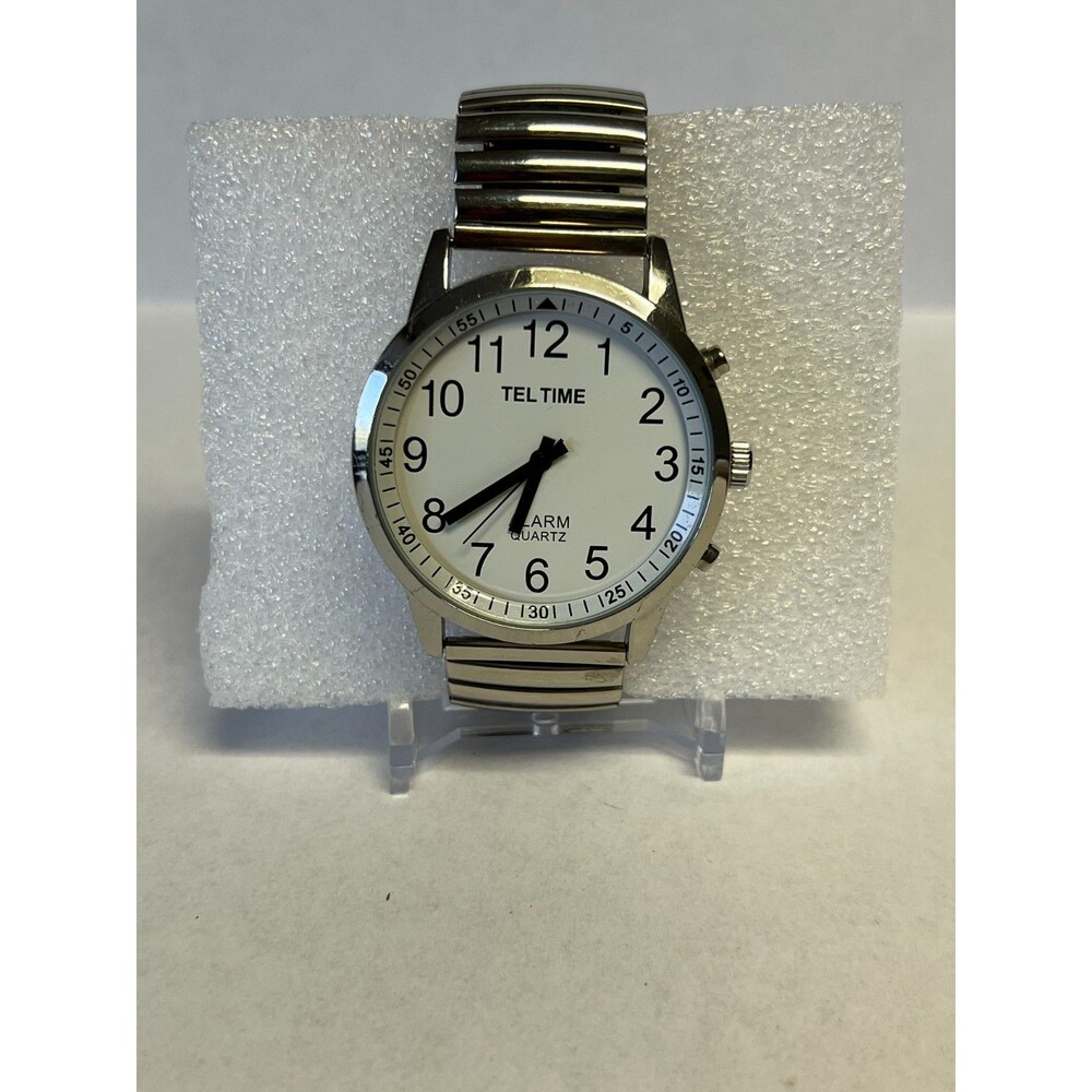 Tel Time Mens Quartz Talking Watch Silver Toned M9908 Stretch Band VTG